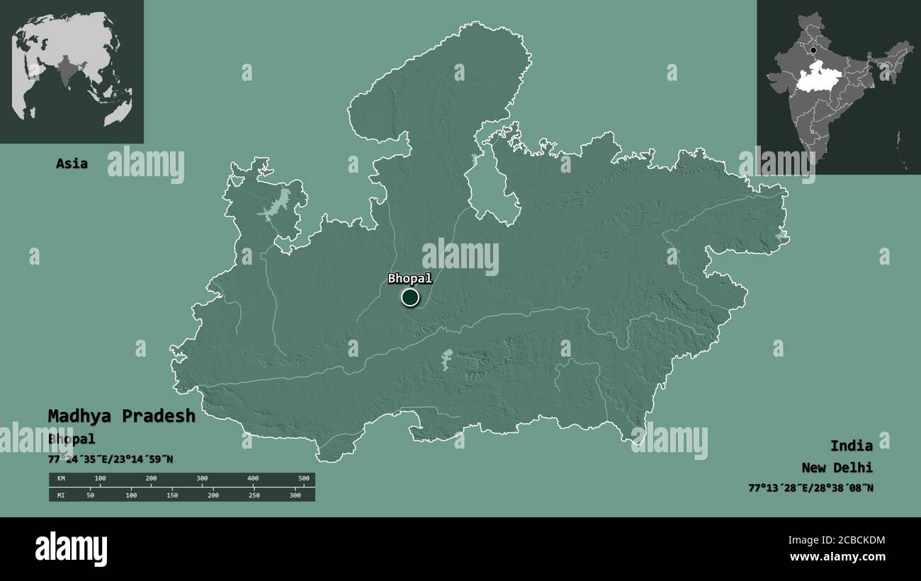 Mp Map With Distance Shape Of Madhya Pradesh, State Of India, And Its Capital. Distance Scale,  Previews And Labels. Colored Elevation Map. 3D Rendering Stock Photo - Alamy
