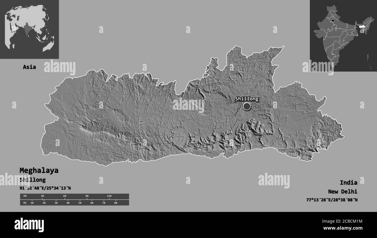 Shape of Meghalaya, state of India, and its capital. Distance scale ...