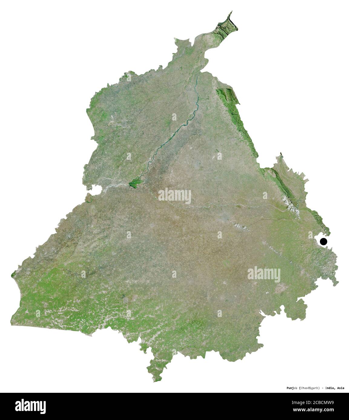 Shape of Punjab, state of India, with its capital isolated on white background. Satellite imagery. 3D rendering Stock Photo