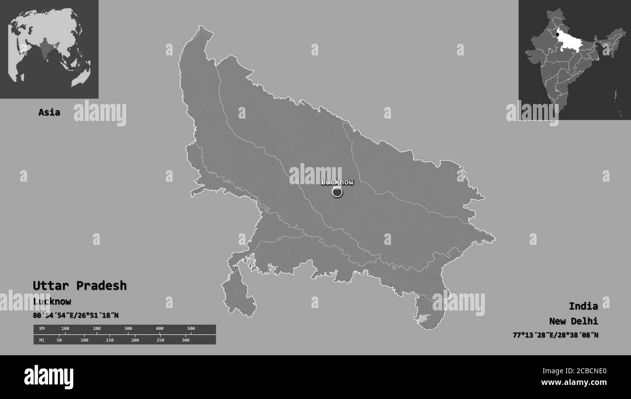 Delhi And Uttar Pradesh Map Shape Of Uttar Pradesh, State Of India, And Its Capital. Distance Scale,  Previews And Labels. Bilevel Elevation Map. 3D Rendering Stock Photo - Alamy