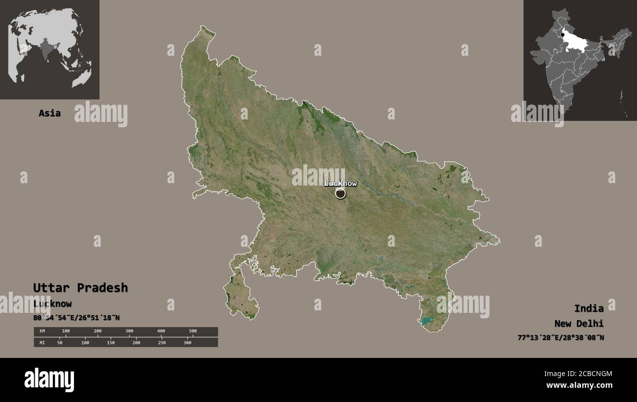 Up Map With Distance Shape Of Uttar Pradesh, State Of India, And Its Capital. Distance Scale,  Previews And Labels. Satellite Imagery. 3D Rendering Stock Photo - Alamy