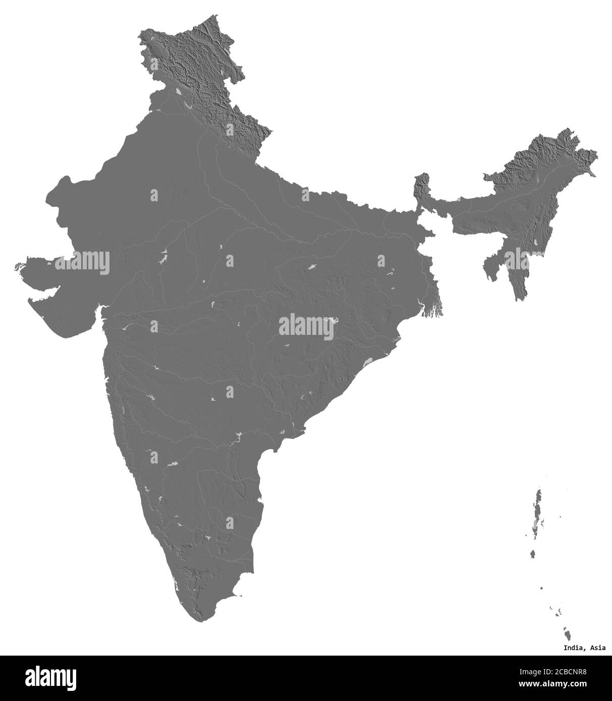 Shape of India with its capital isolated on white background. Bilevel elevation map. 3D rendering Stock Photo