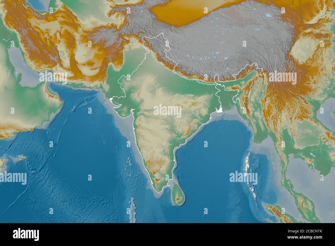Extended area of outlined India. Topographic relief map. 3D rendering