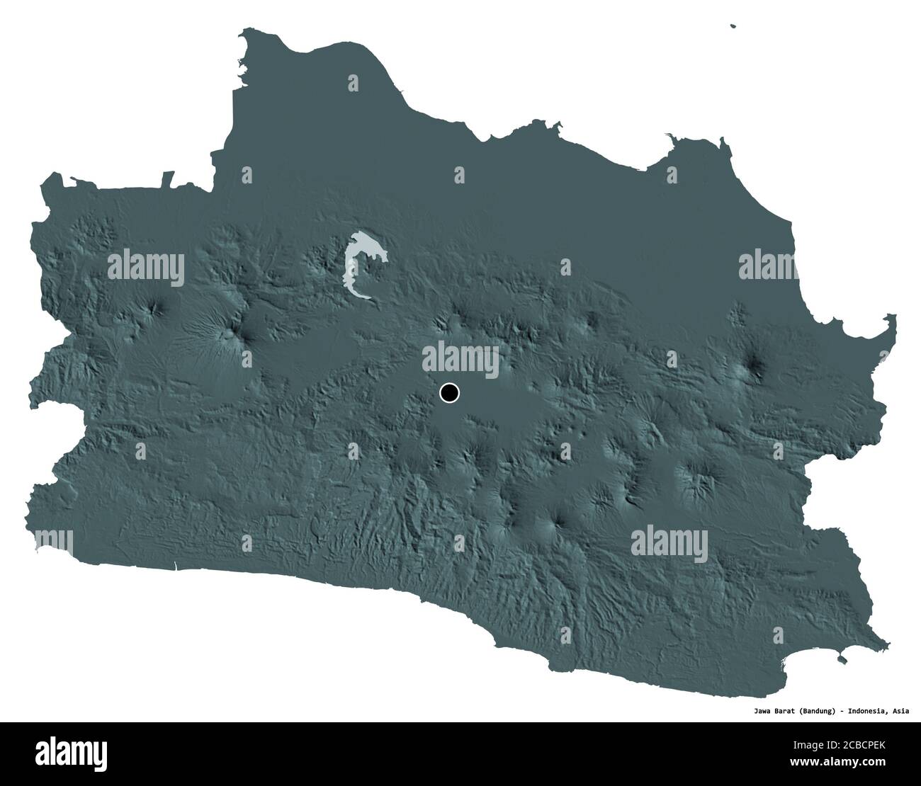 Shape of Jawa Barat, province of Indonesia, with its capital isolated on white background. Colored elevation map. 3D rendering Stock Photo