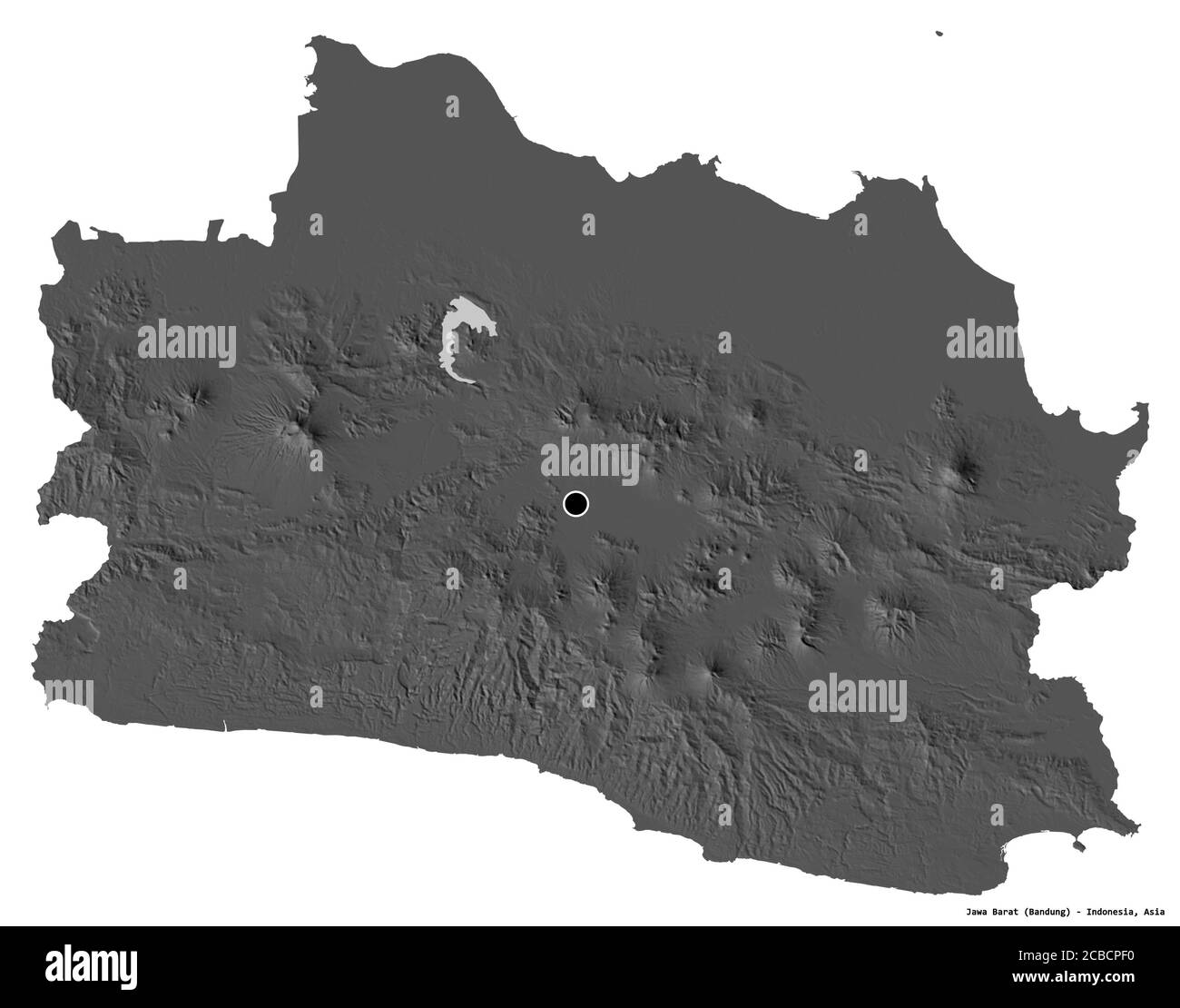 Shape of Jawa Barat, province of Indonesia, with its capital isolated on white background. Bilevel elevation map. 3D rendering Stock Photo