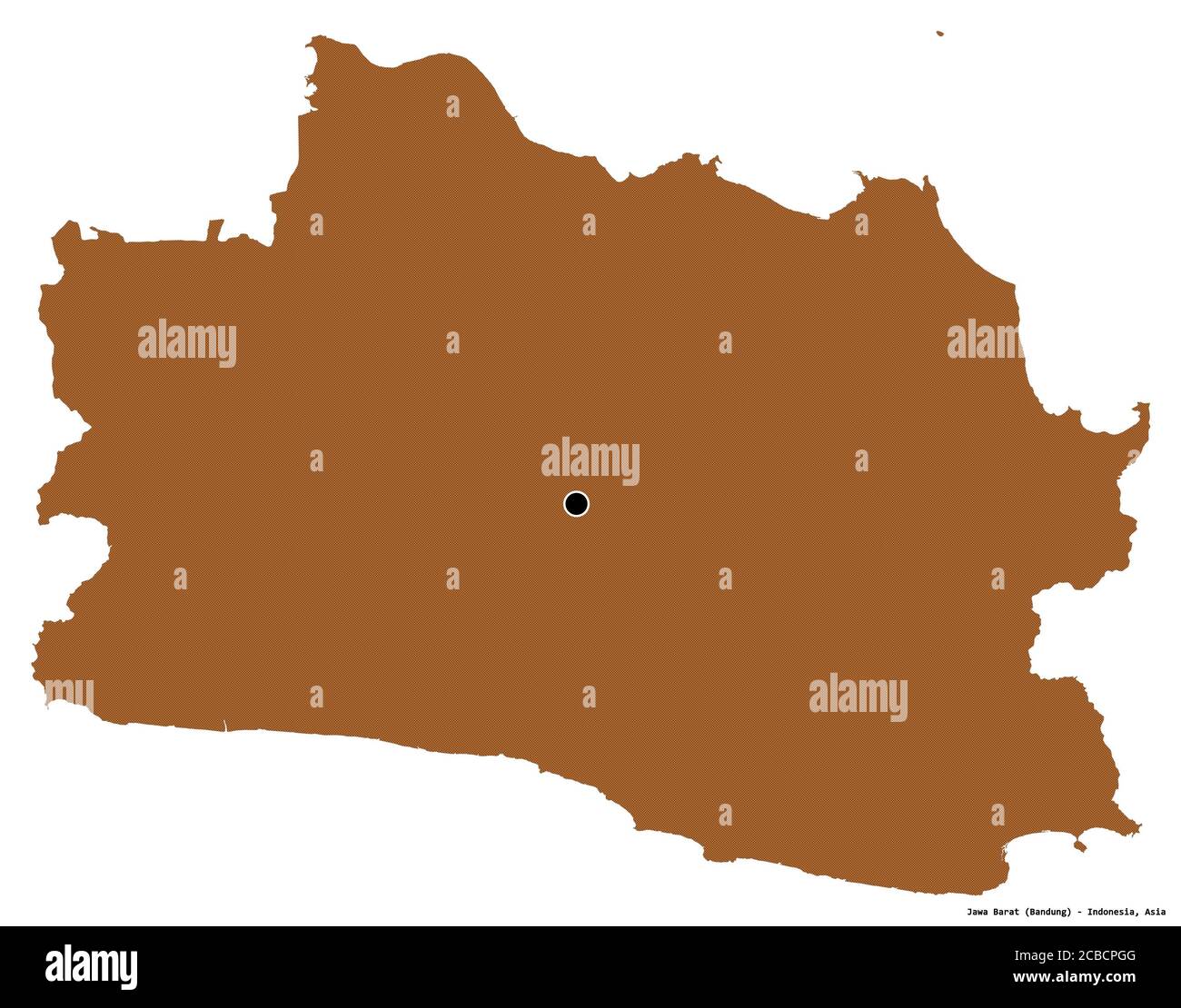 Shape of Jawa Barat, province of Indonesia, with its capital isolated on white background. Composition of patterned textures. 3D rendering Stock Photo