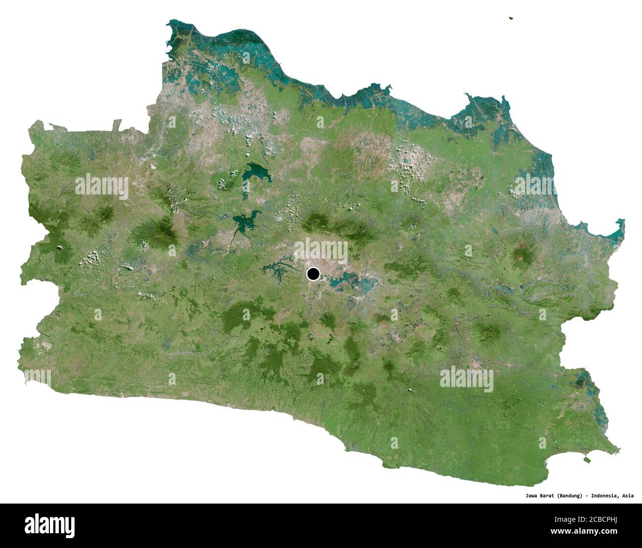 Shape of Jawa Barat, province of Indonesia, with its capital isolated on white background. Satellite imagery. 3D rendering Stock Photo