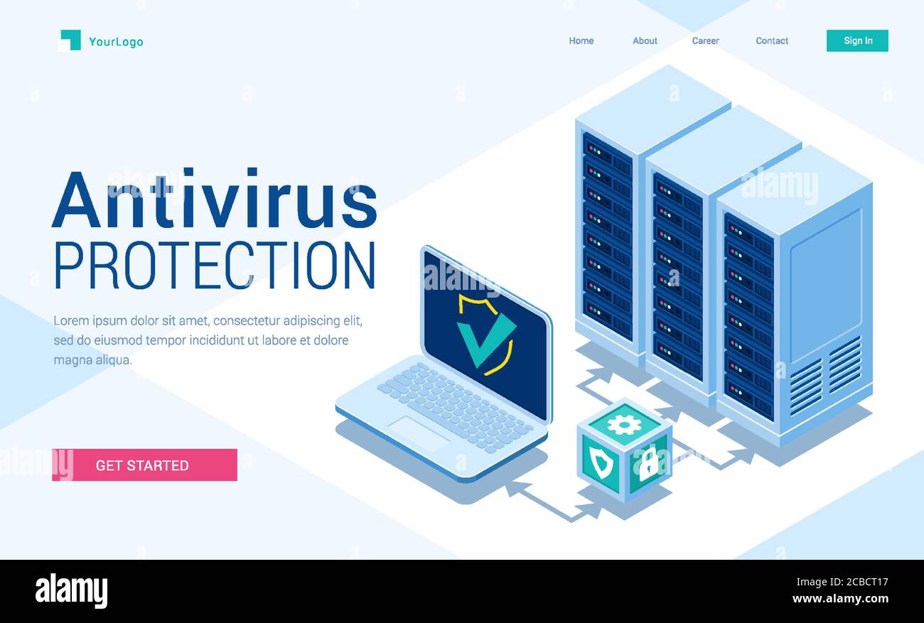 Antivirus protection isometric landing page. Cyber data security, server  room connected with laptop through protected hub, computing internet  digital technology, 3d vector illustration, web banner Stock Vector Image &  Art - Alamy