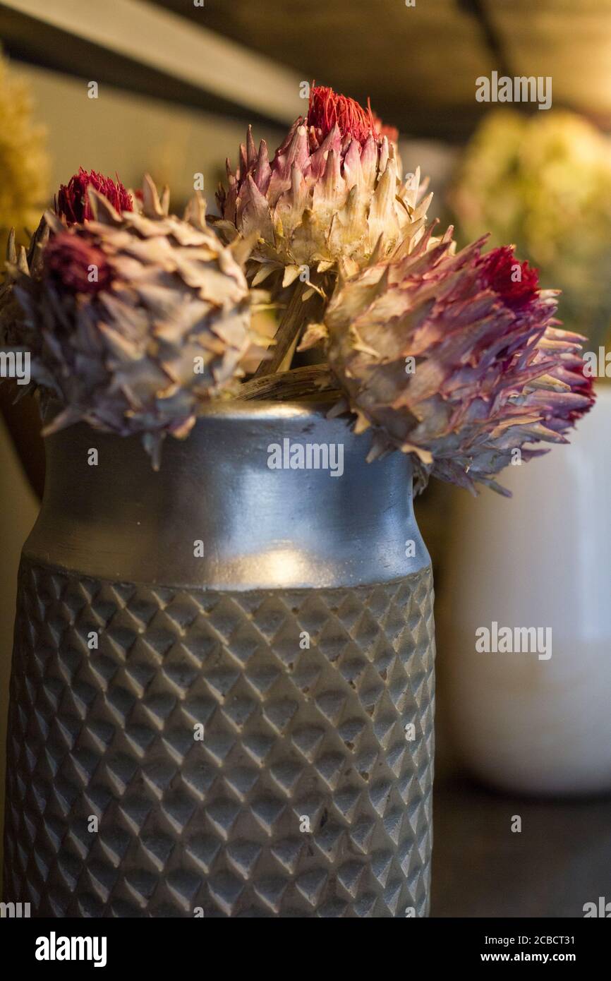 Florist shop interior, shelves with vases of dried flowers, bouquets of dried flowers, selective focus Stock Photo