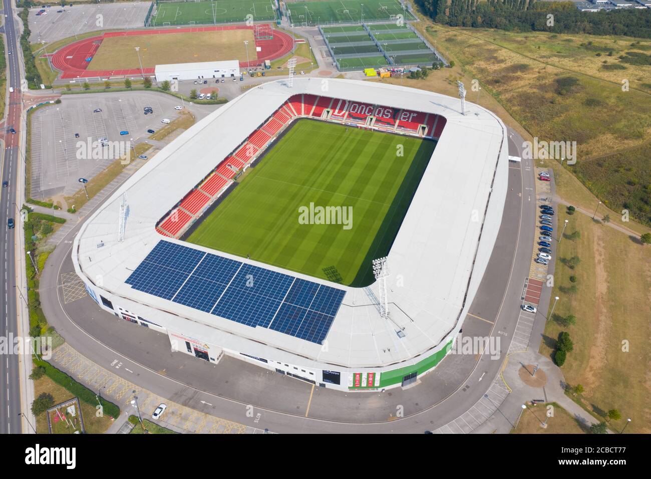 Doncaster UK, 12th Aug 2020: Aerial photo of the Keepmoat Stadium located in the town of Doncaster in the UK home of the Doncaster Rovers Football Clu Stock Photo