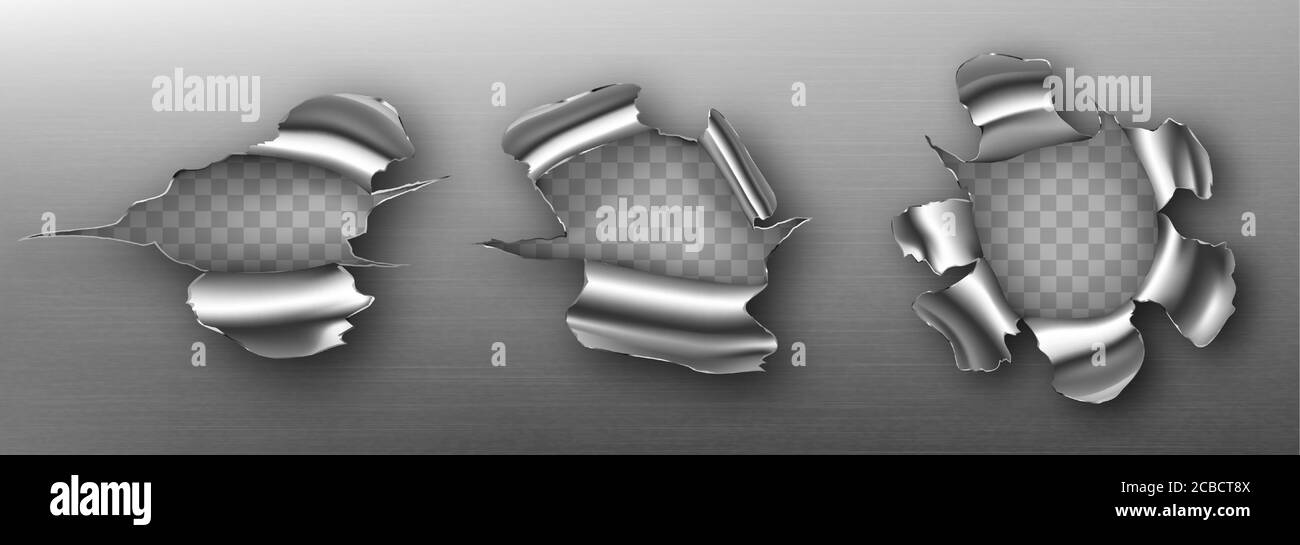 Metal rip holes with curly edges, ragged cracks, cut damage on steel sheet. Torn slash, gun aperture design element isolated on transparent background Realistic 3d vector illustration, clip art Stock Vector