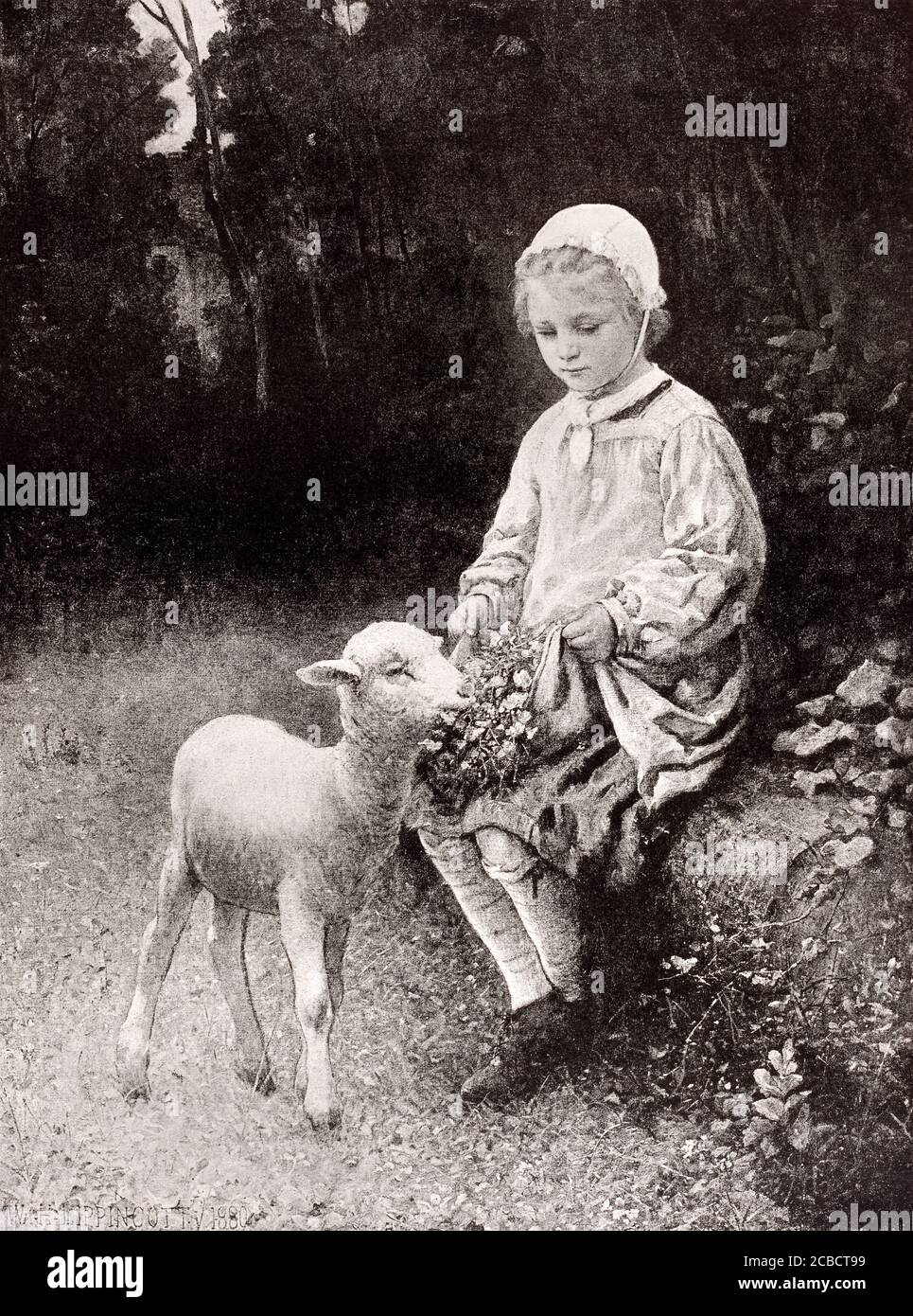 1890 photo-mechanical print of a William Henry Lippincott painting of a child feeding a pet lamb with the caption Childhood Stock Photo