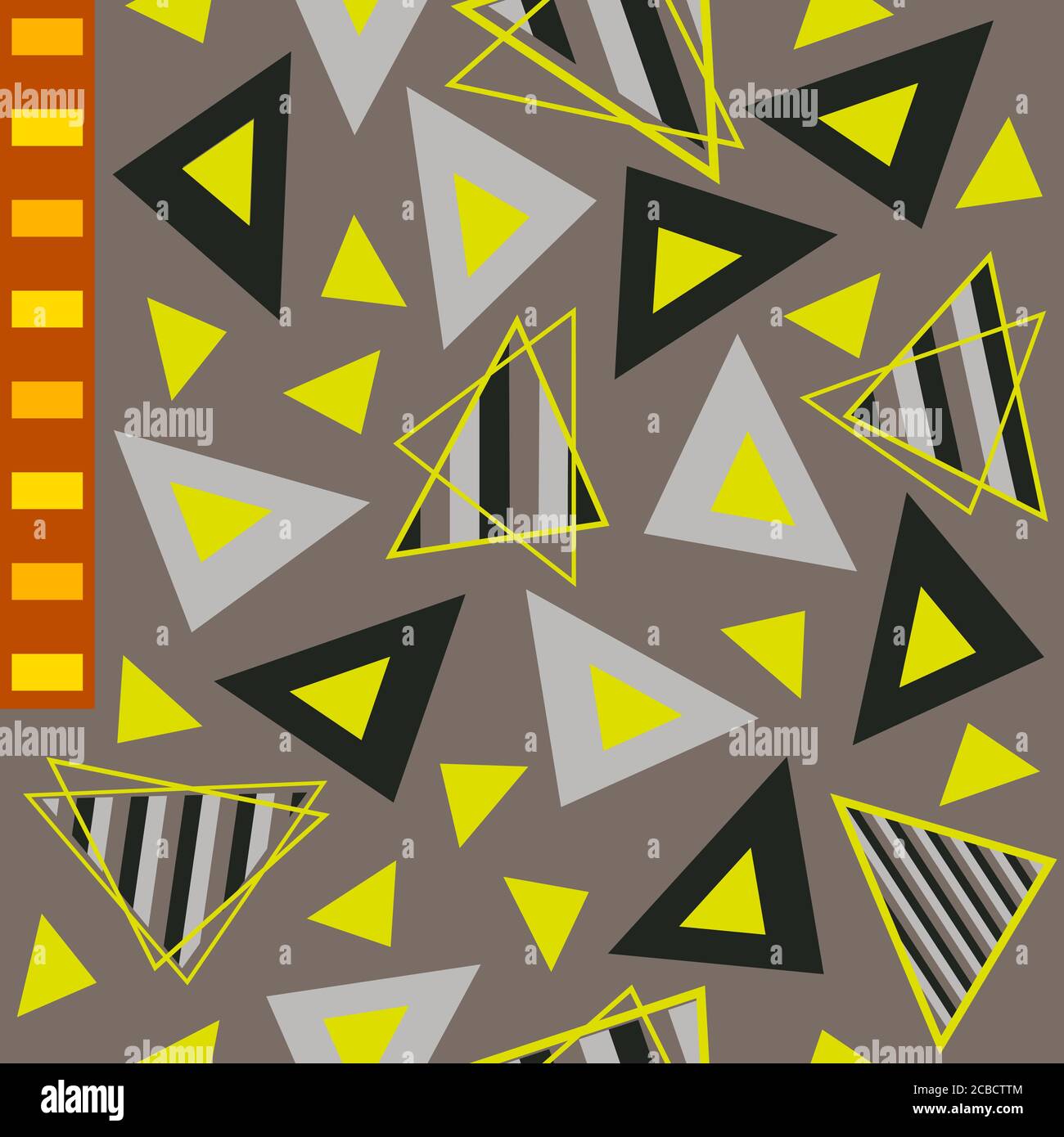 Black, grey, neon yellow, stripes filled triangles and orangy reddish rectangles geometric pattern. For variety of digital, web and print applications Stock Vector