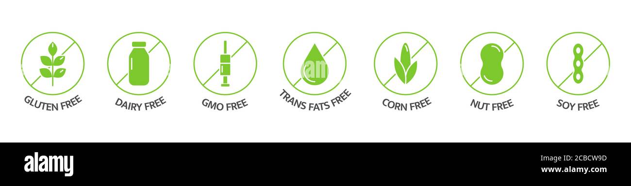 Organic food and drink labels. Food dietary. Product free allergen line icons. Natural products green stickers. Food intolerance. Healthy eating. GMO Stock Vector