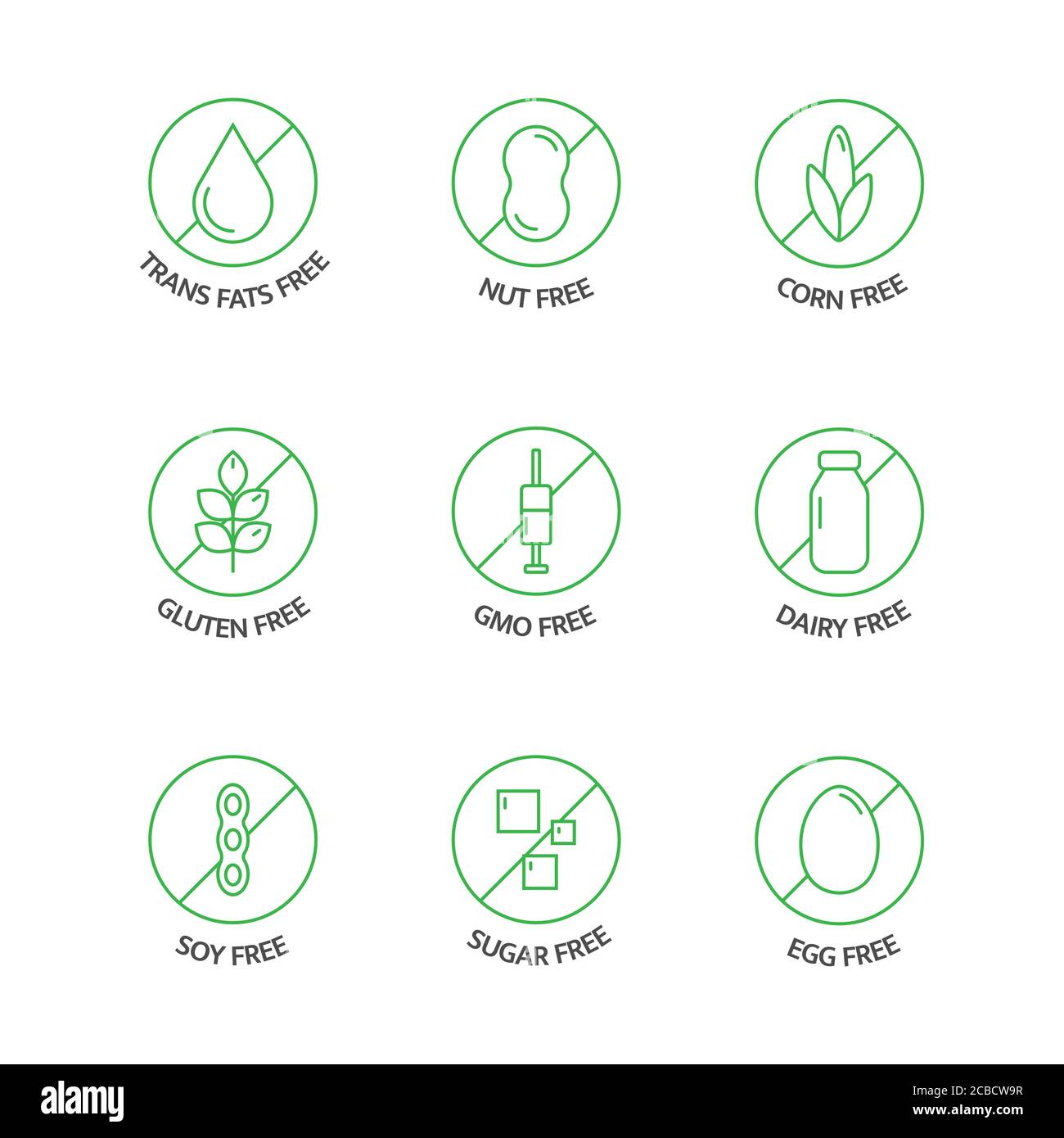 Organic food and drink stickers. Product free allergen line icons. Food intolerance. Natural products green labels. Food dietary. Healthy eating. GMO Stock Vector