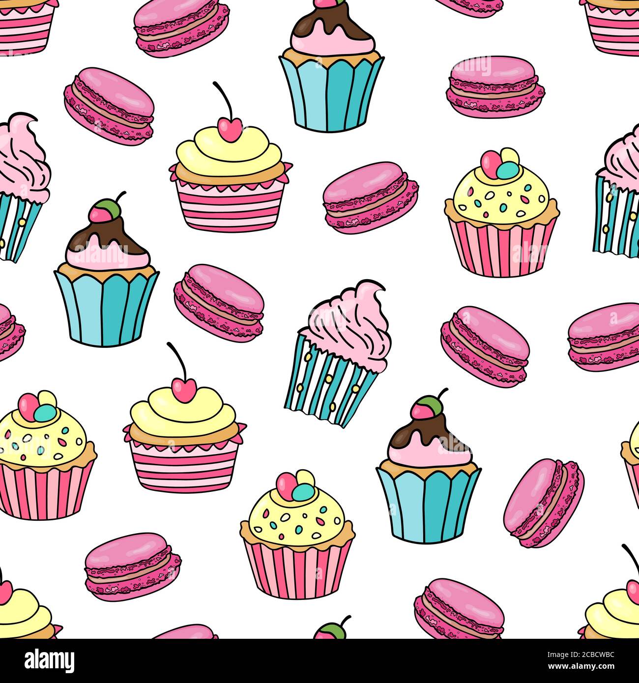 Cupcake and macaroon background. Seamless pattern with different cupcakes and macaroon on white background. Sweet background for wedding, birhday, gre Stock Vector