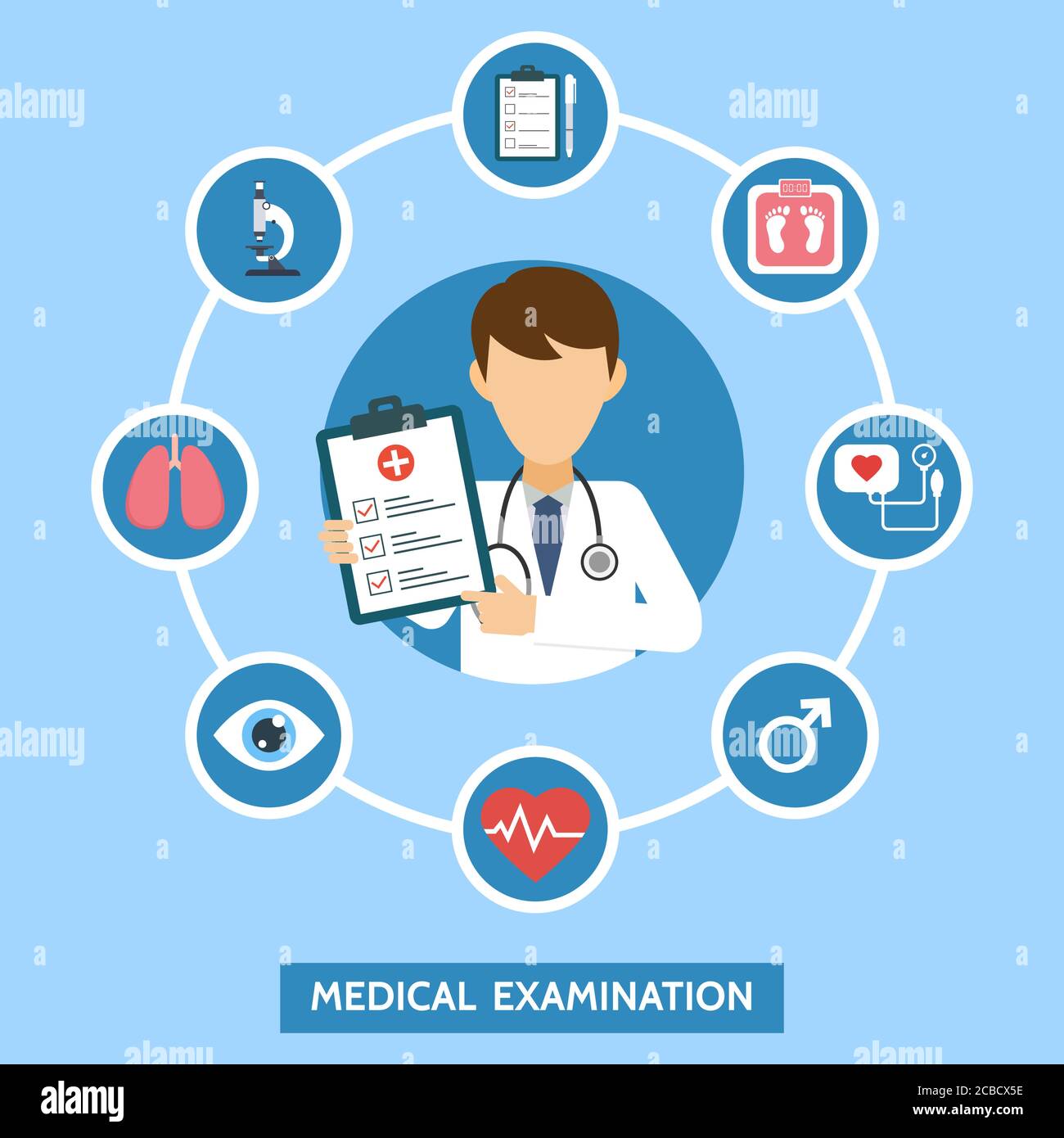 Health care services concept with infographics elements. Medical examination. Banner with doctor