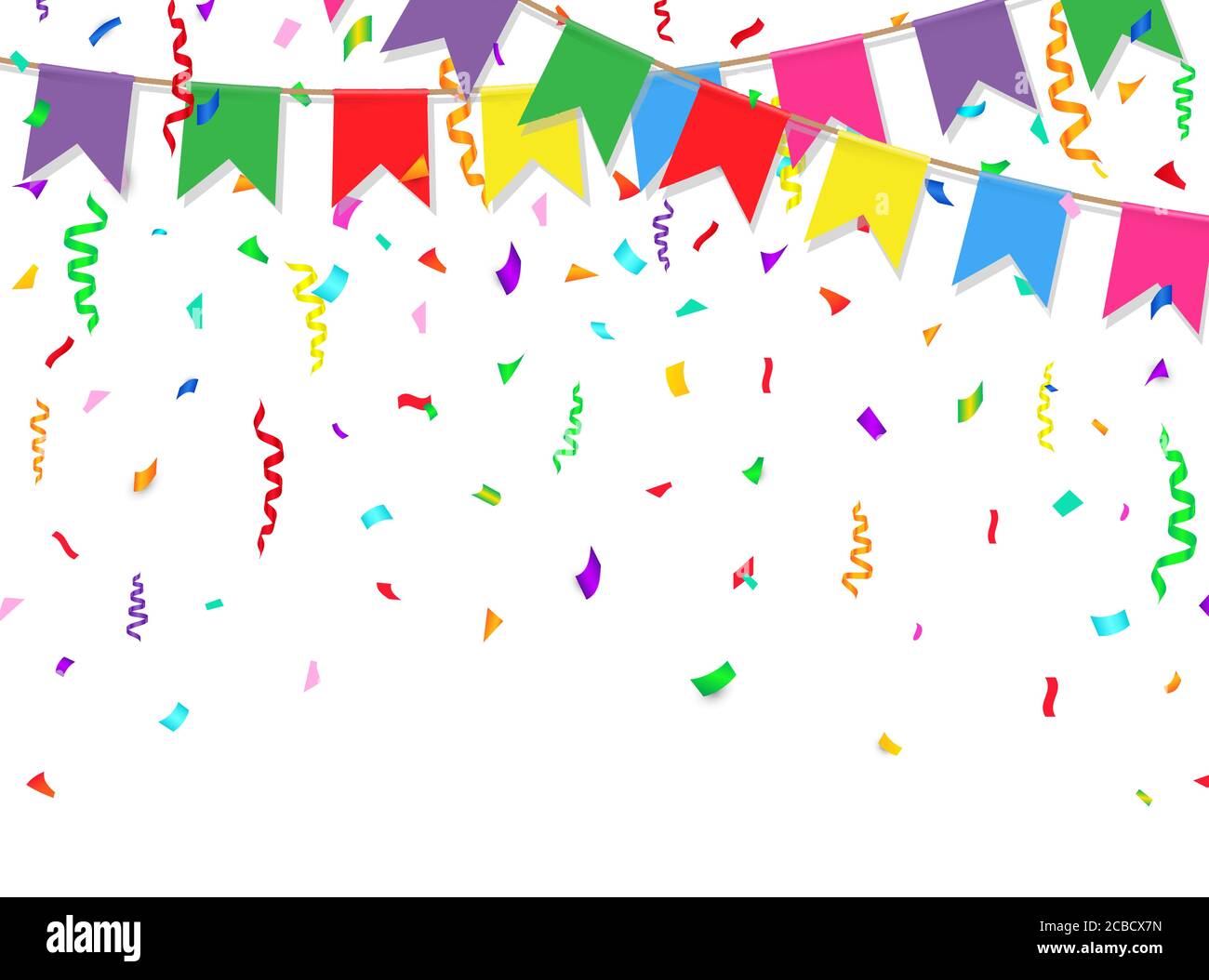 Celebration banner. Party flags with confetti on white background. Vector illustration. Stock Vector