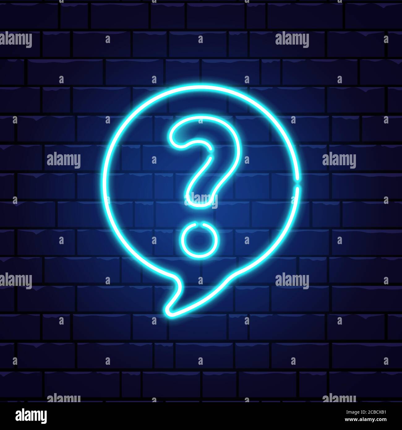 Neon question mark in speech bubble. Glowing blue question sign. Color