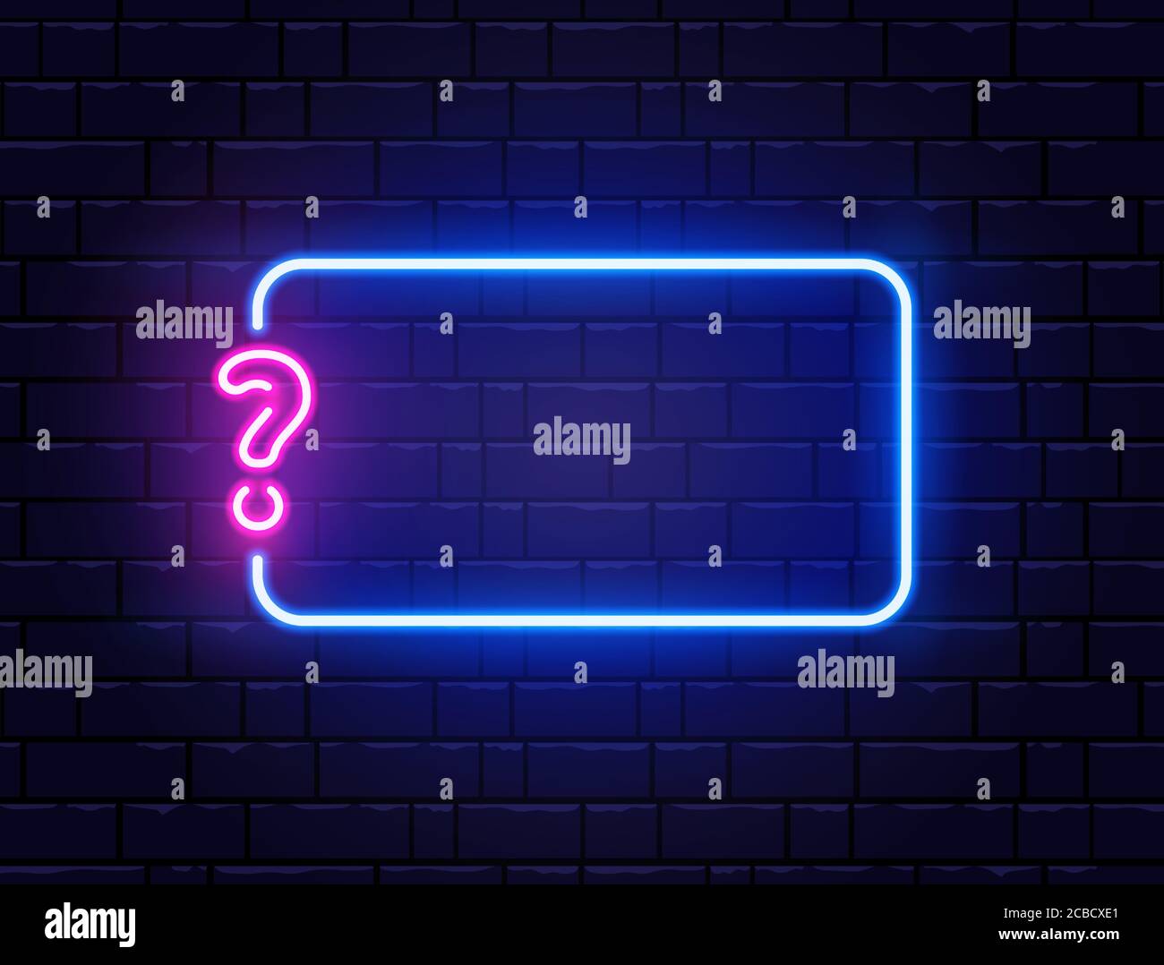 Neon quiz banner. Glowing question mark. Color neon banner on brick wall. Realistic bright night signboard. Shining neon effect. Vector illustration. Stock Vector