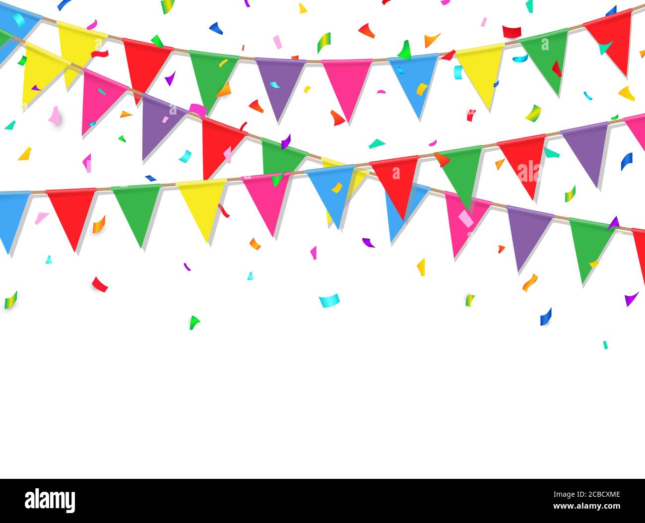 Festive background with colorful confetti and flags. Party banner. Vector illustration. Stock Vector