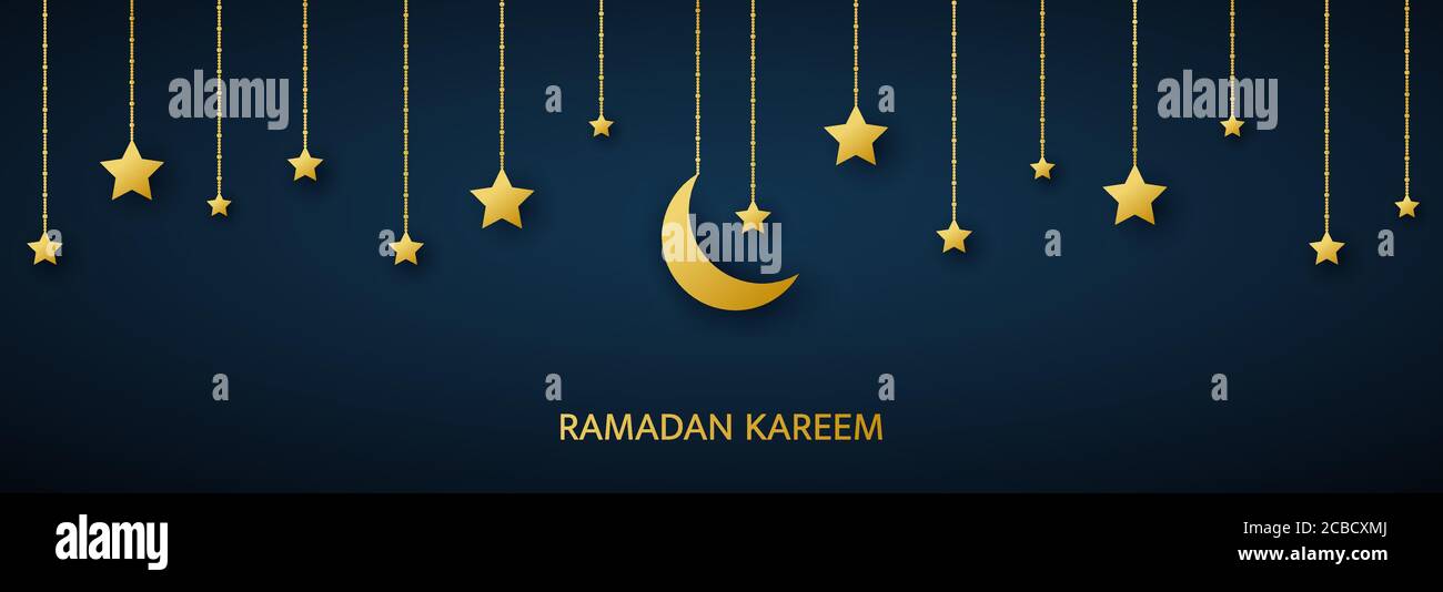 Golden crescent and stars hanging on dark background. Ramadan Kareem ...