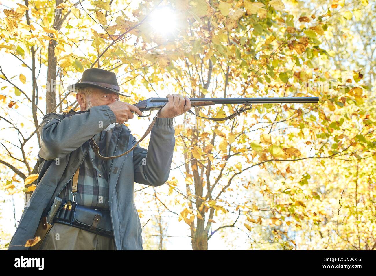 Senior hunter in forest aim his rifle at animal, trophy Stock Photo