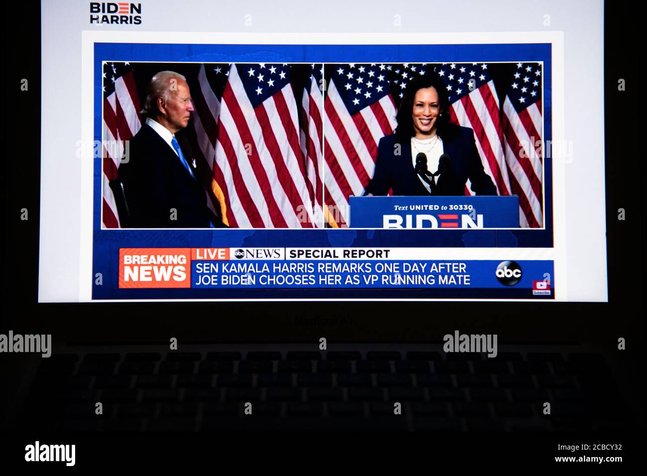 Washington, USA. 12th Aug, 2020. A photo illustration of a laptop computer screen shows Sen. Kamala Harris speaking at a livestream event where presumptive Democratic Nominee for President Joe Biden announced her as his Vice Presidential running mate, in Washington, DC, on August 12, 2020 amid the Coronavirus pandemic. Sen. Harris is the first woman of color running for Vice President on a major party ticket. (Graeme Sloan/Sipa USA) Credit: Sipa USA/Alamy Live News Stock Photo