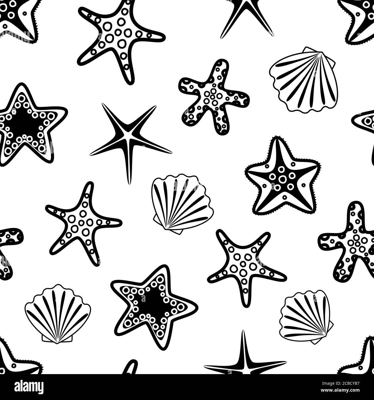 Seamless pattern with black seashells and starfishes. Underwater background. Vector illustration. Stock Vector