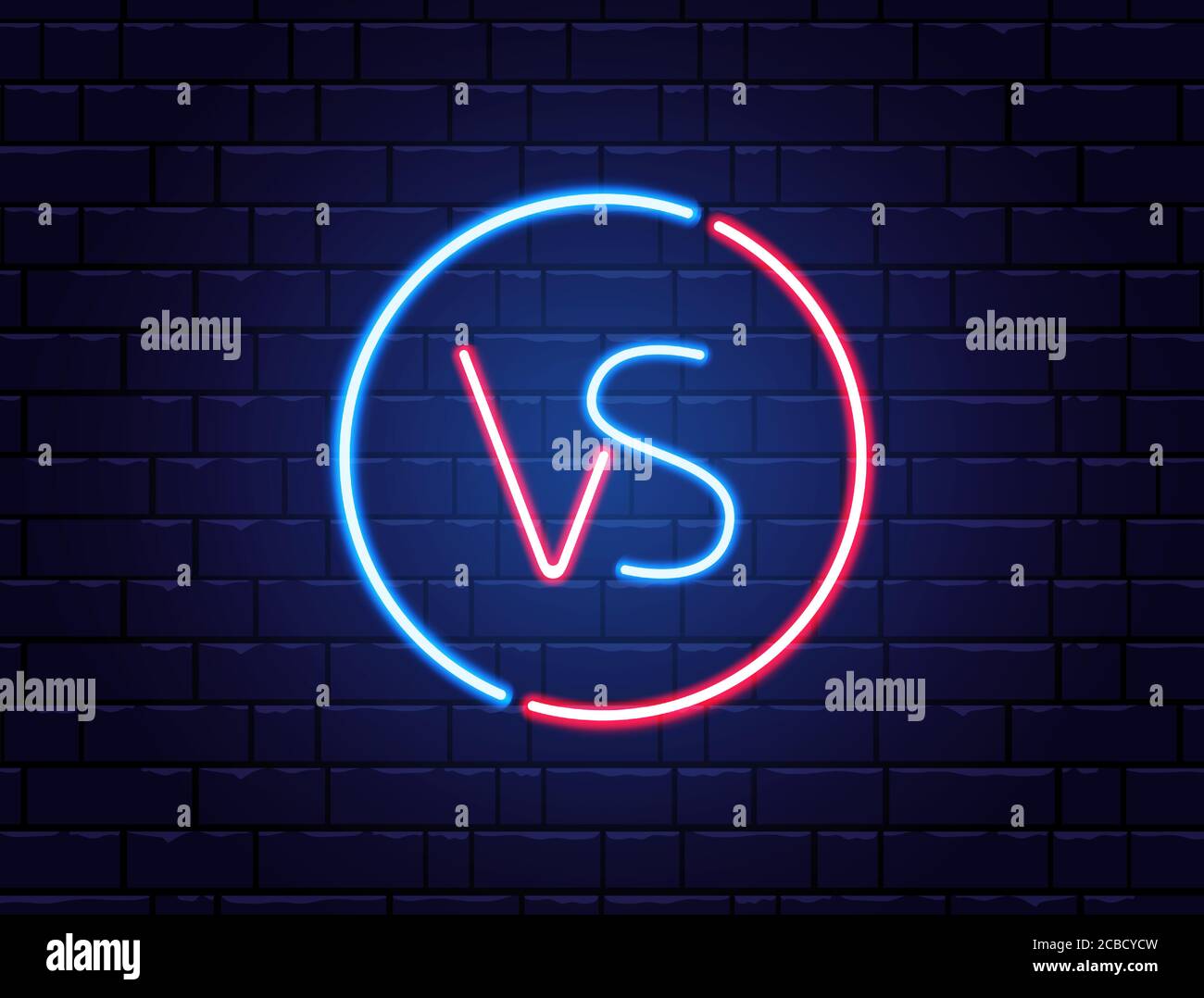 Versus logo neon. Red vs blue team. Battle headline banner. Fight competition. Match, game design element. Neon bright signboard. Vector illustration. Stock Vector
