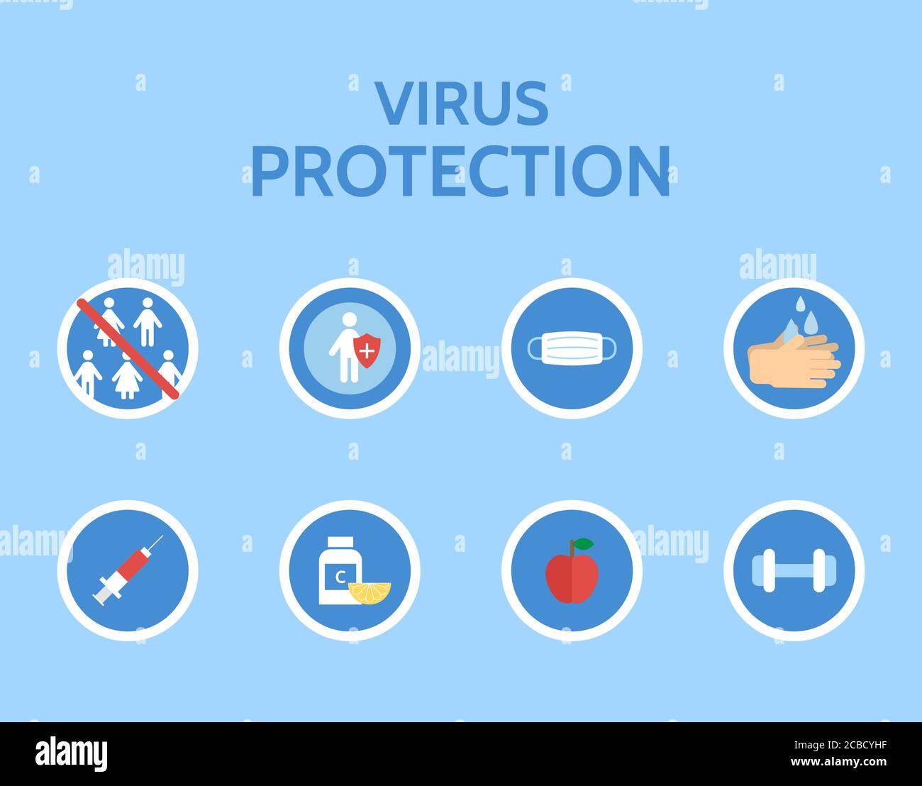 Virus protection infographic. Stop virus. Medical examination. Corona virus prevention. Virus Covid 19-NCP. Danger virus isolated on white background. Stock Vector