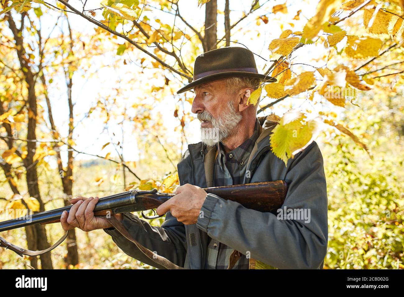 Concentrated hunter holding rifle and waiting for prey, hunter shooting