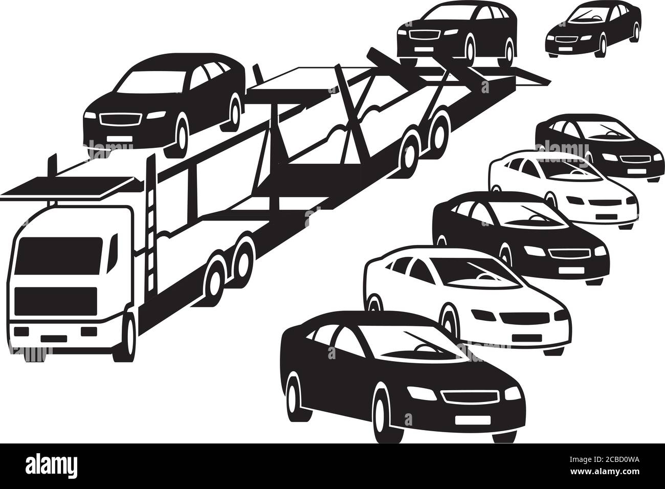 Truck unloads at a car dealership – vector illustration Stock Vector