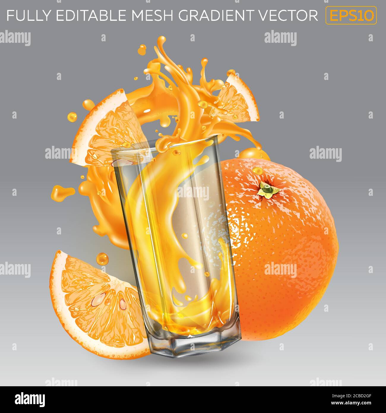 Splash of fruit juice in a glass, whole and sliced orange Stock Vector ...