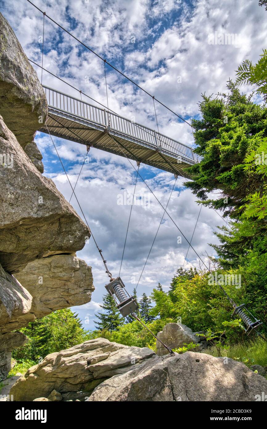 Looking up at the mile high swinging or suspension bridge on the top of
