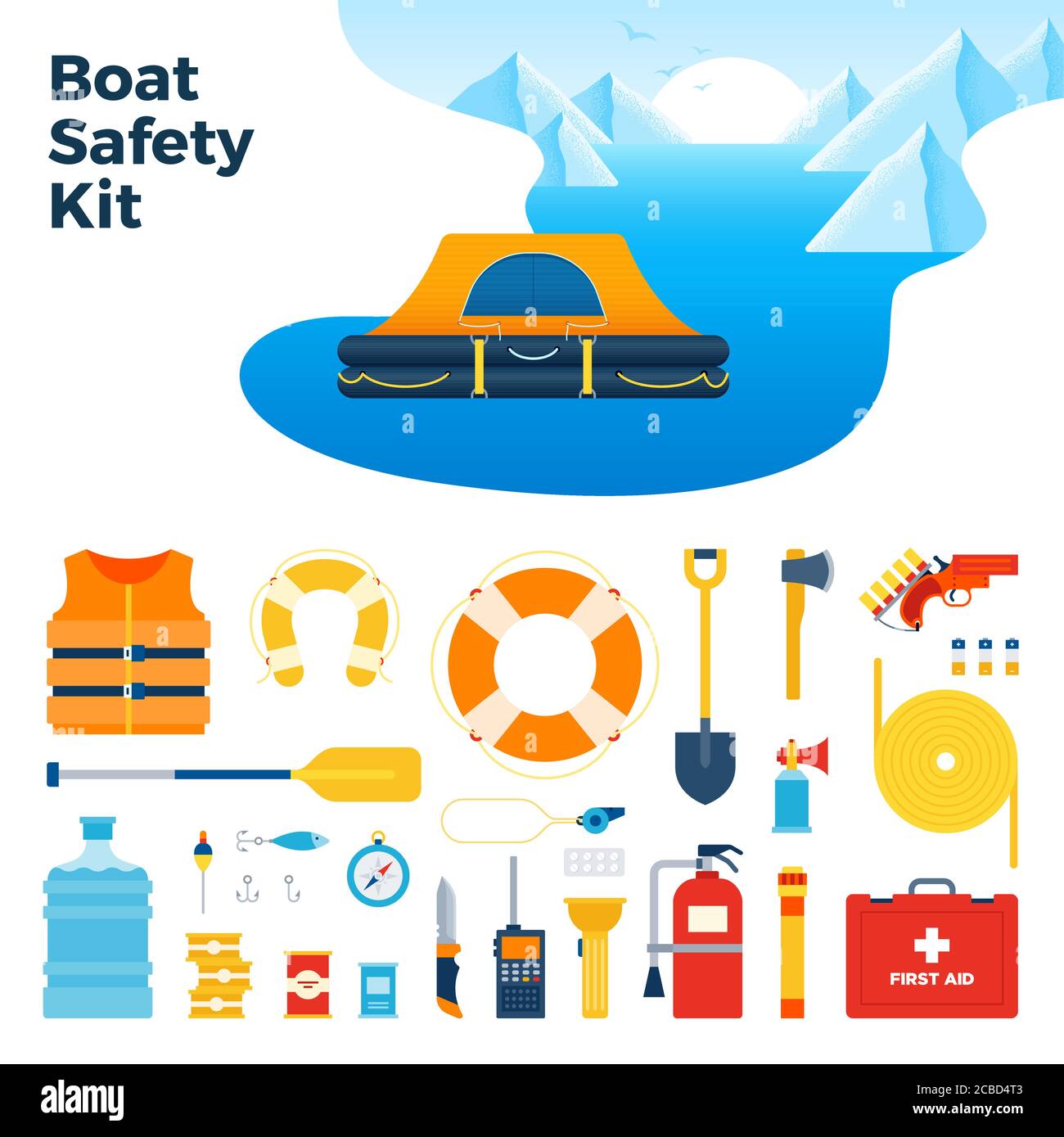 Image from inflatable floating tent and boat safety kit vector