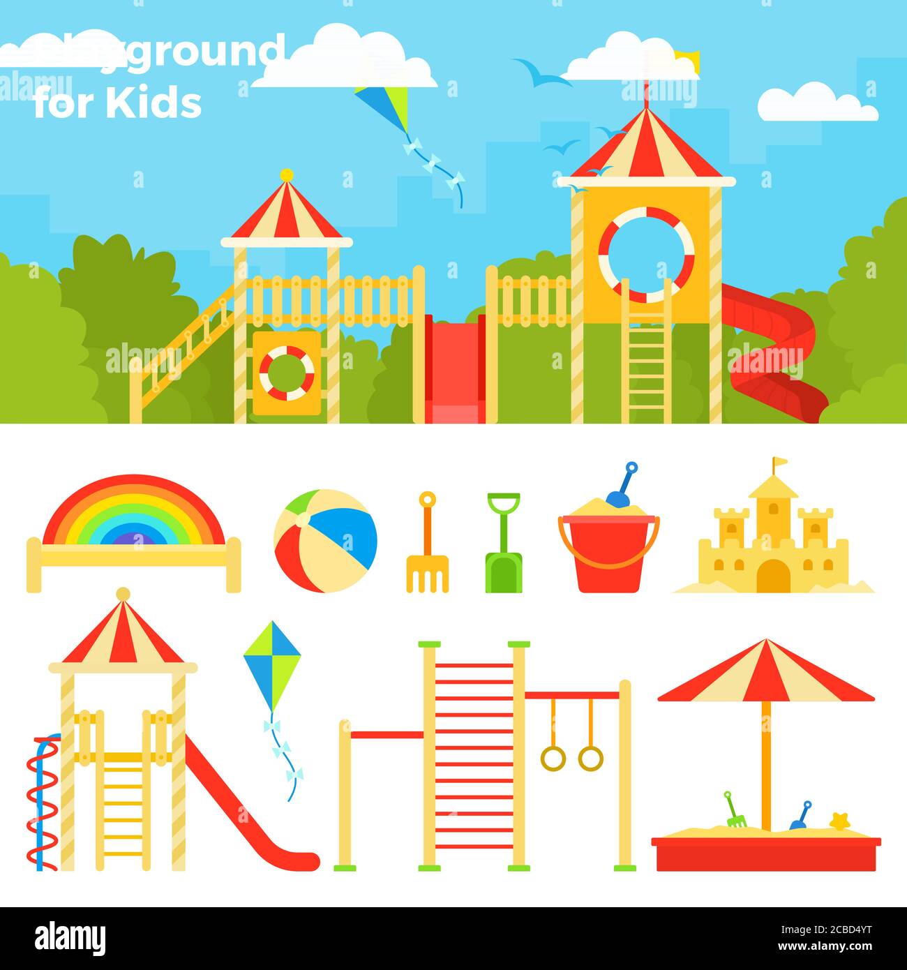 Children's play complex against the backdrop of the cityscape vector icon flat isolated illustration Stock Vector