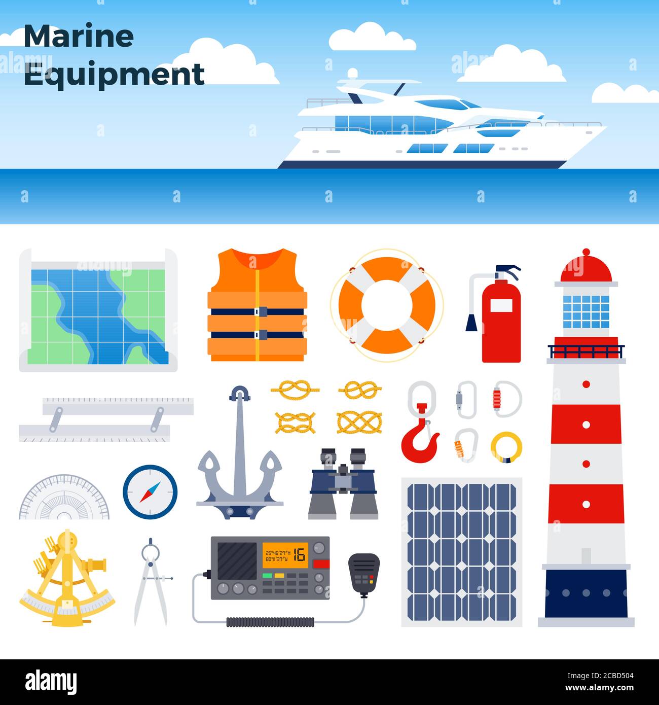 Motor yacht and marine equipment vector illustration in a flat design