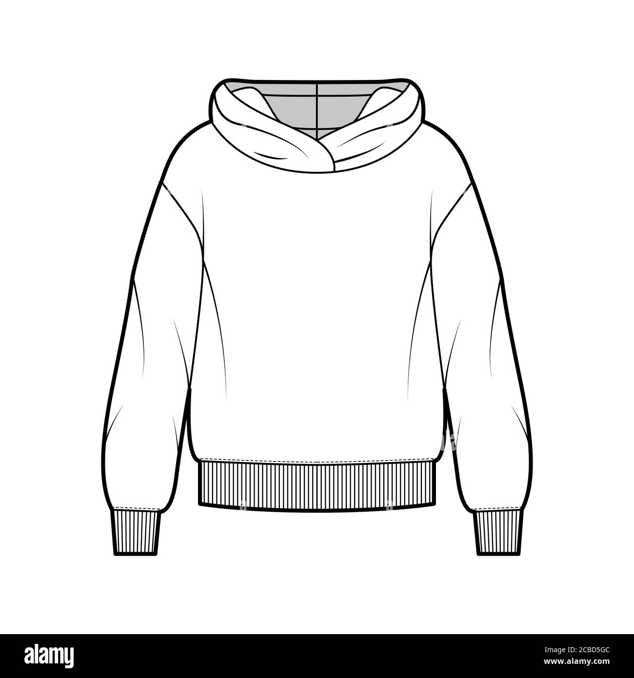 Oversized cotton fleece hoodie technical fashion illustration with relaxed fit long sleeves. Flat outwear jumper apparel template front white color. Women men unisex sweatshirt top CAD mockup Stock Ve...