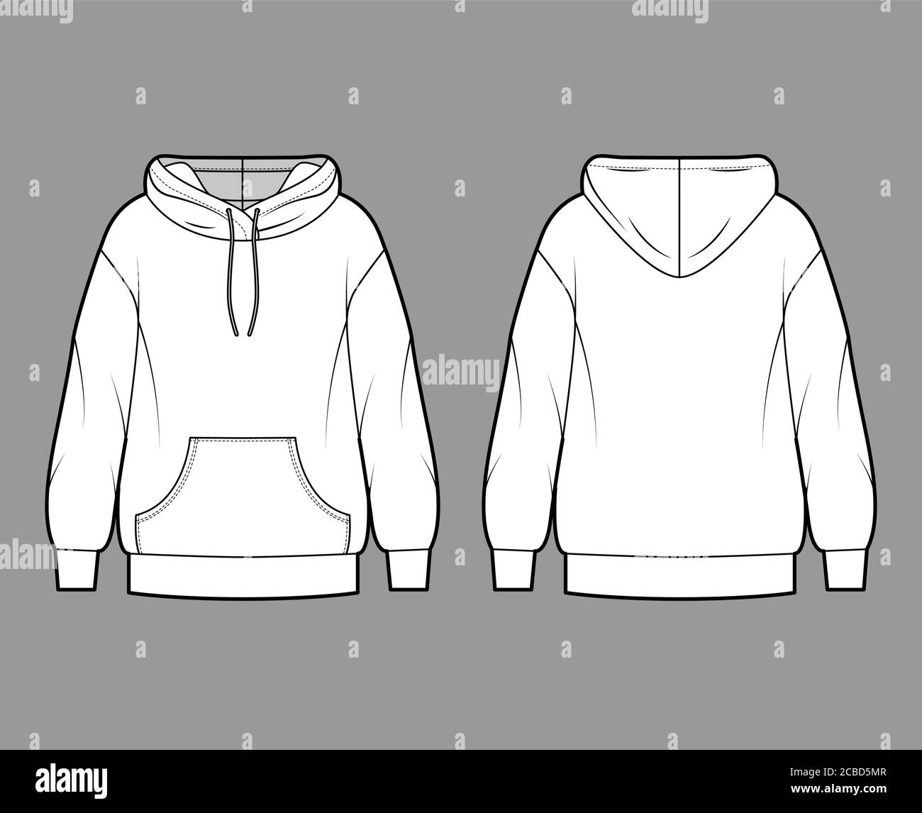 Oversized cotton-fleece hoodie technical fashion illustration with