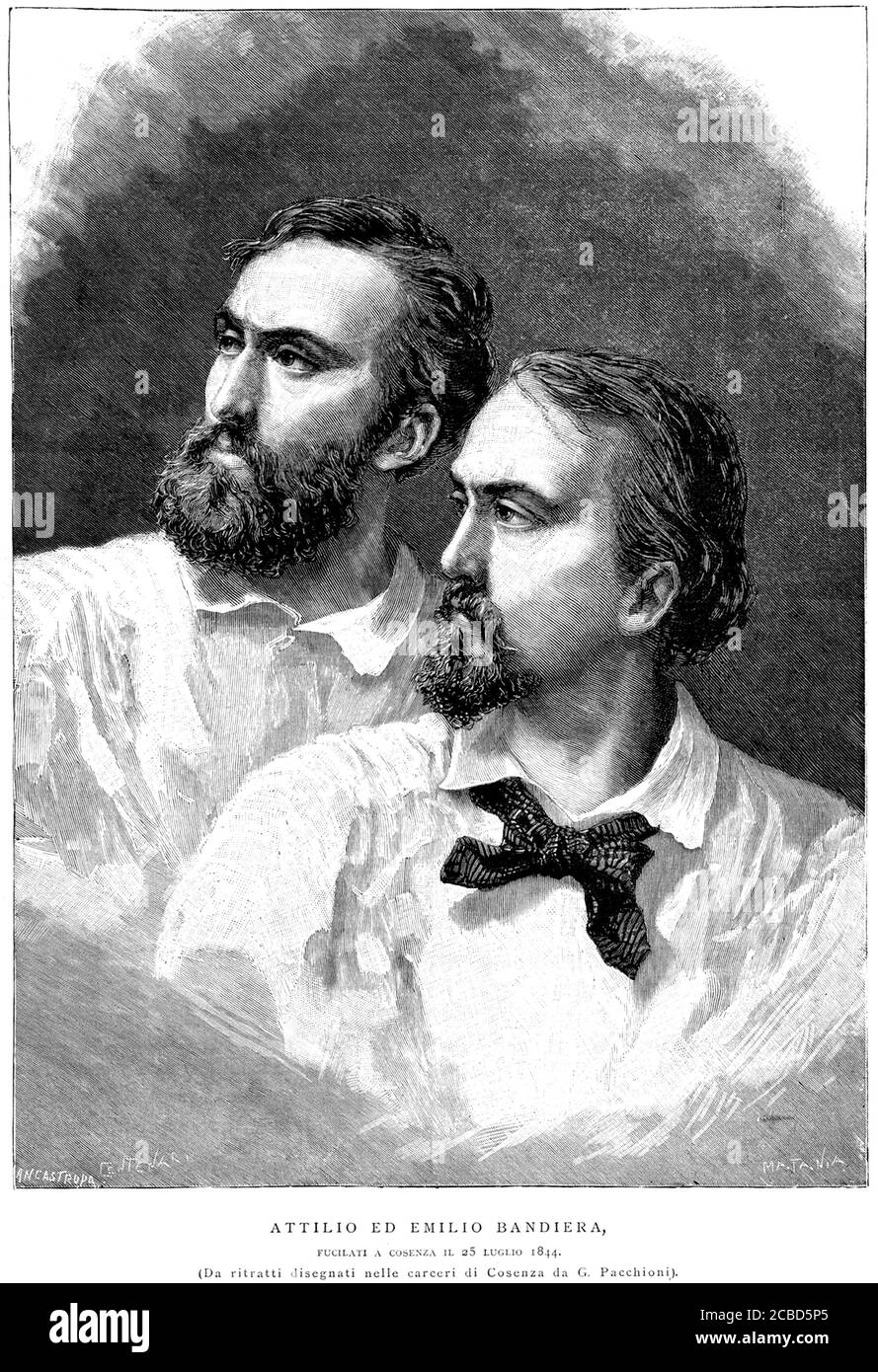 1844 , ITALY : The two italian patriots brothers ATTILIO ( 1810 - 1844 ) and EMILIO BANDIERA ( 1819 - 1844 ) together comndanned to death in Cosenza ( Calabria - South Italy ) the day 25 july 1844 . Engraved portraits by Matania from the original work by G. Pacchioni , pubblishe in 1892 . - FRATELLI - Unità d' ITALIA - RISORGIMENTO  -  ITALIA - FOTO STORICHE - HISTORY - illustration - illustrazione - engraving - incisione - beard - barba - patriota - patrioti - eroi - eroismo - partriottismo - heros - hero ----  Archivio GBB Stock Photo