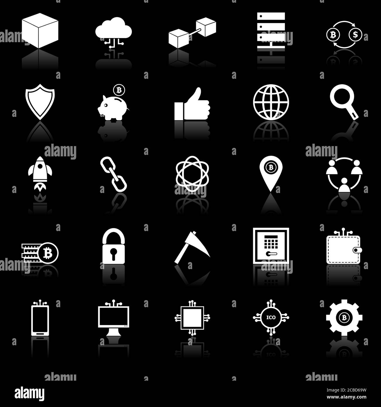 Blockchain icons with reflect on black background, stock vector Stock Vector