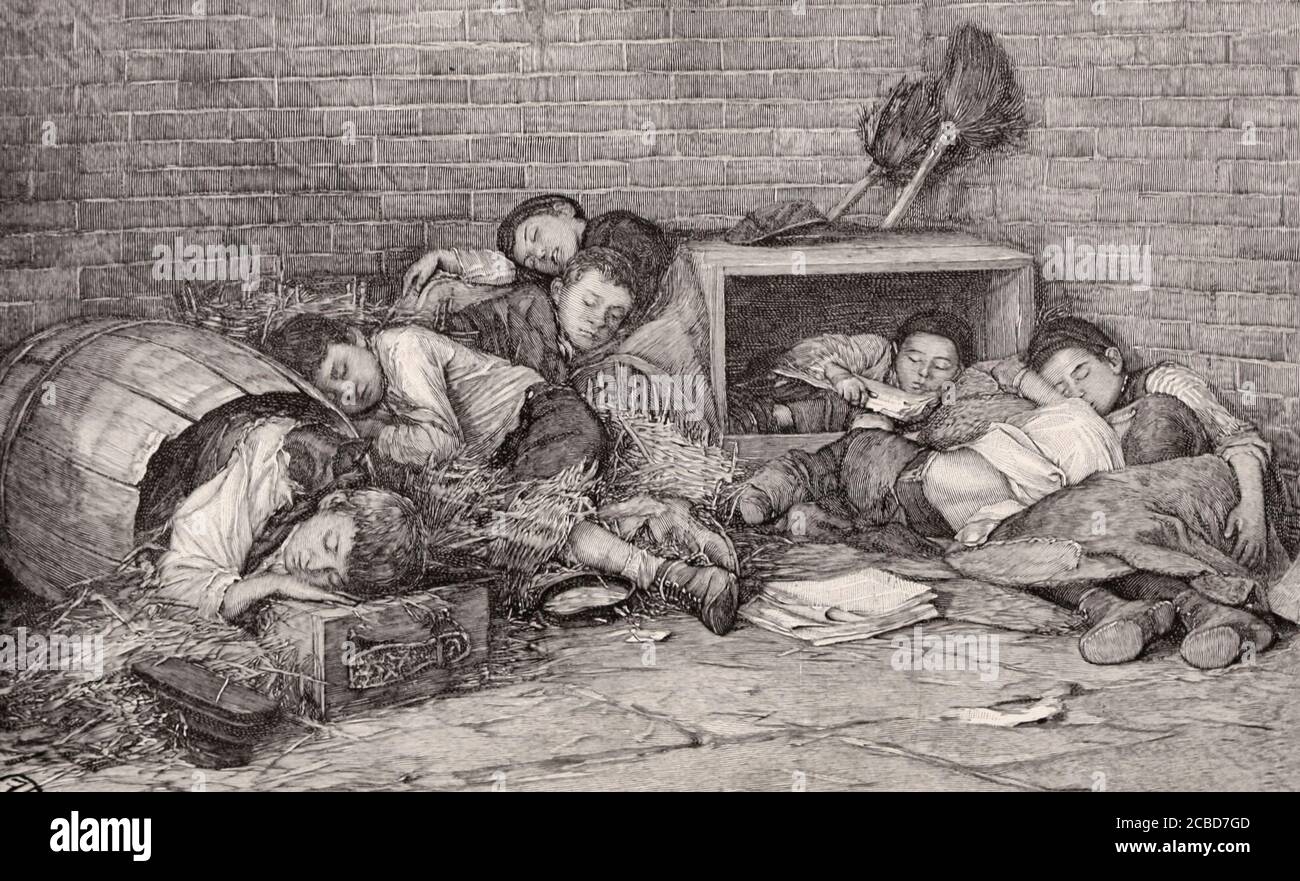Their only bed - Supperless and homeless street boys sleeping out at night - A Night Scene in an alley - New York City, circa 1892 Stock Photo