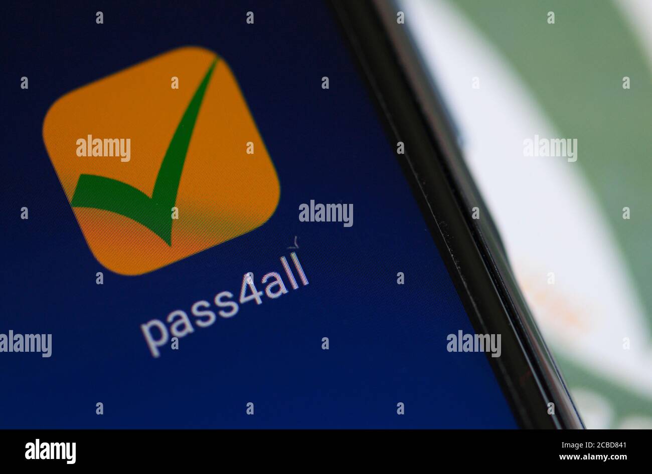 Dresden, Germany. 11th Aug, 2020. On a smartphone you can see the symbol for the app-based solution for anonymous contact tracking with verified contact data of the Saxon start-up company 'pass4all'. The app will be available for users to download free of charge in the app stores from September 1. Credit: Robert Michael/dpa-Zentralbild/dpa/Alamy Live News Stock Photo