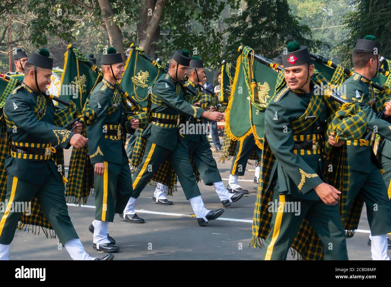 Kolkata, West Bengal, India - 26th January 2020 : Indian army Officers dressed as musical band, carrying musical instruments are marching past. Stock Photo