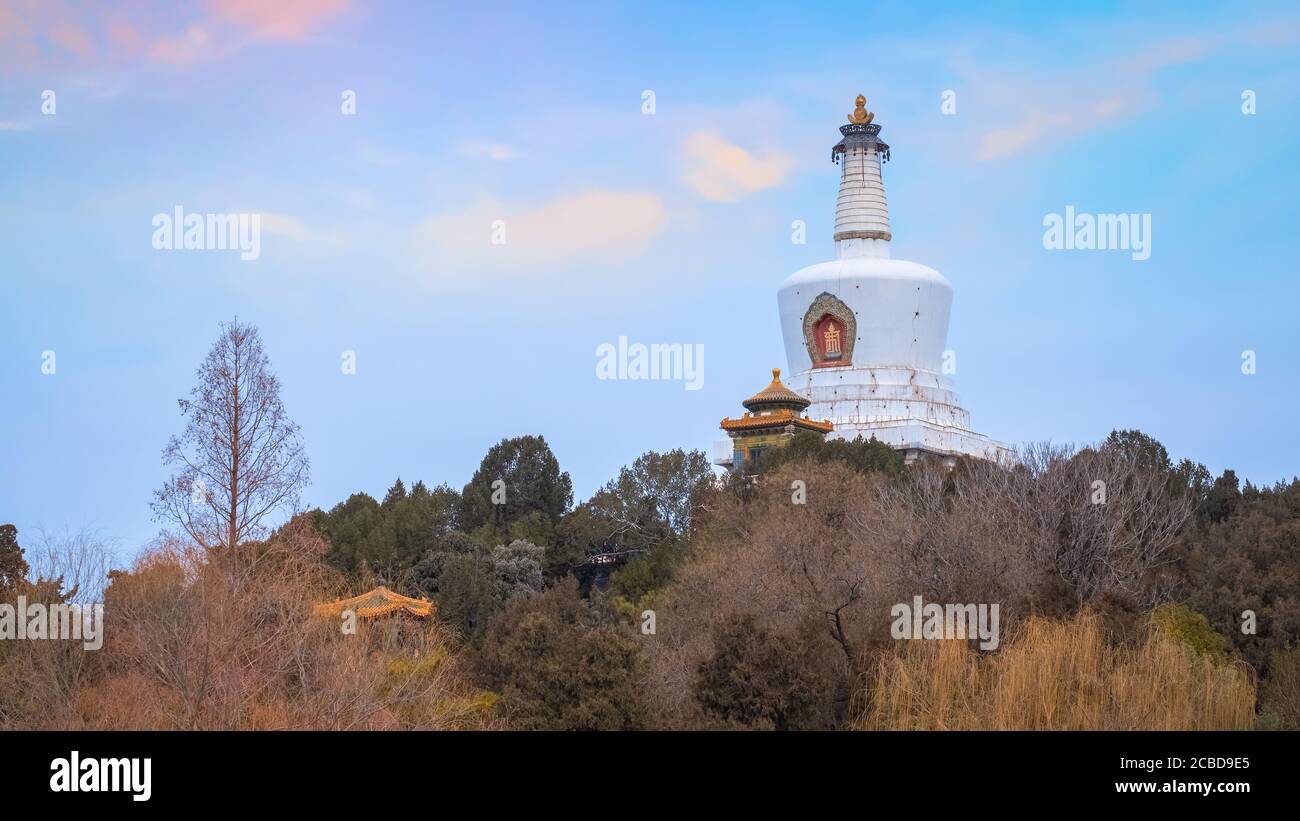 Beijing, China - Jan 11 2020: Yongan temple (Temple of Everlasting Peace) situated in the heart of Beihai park in Jade Flower Island. It's home to the Stock Photo