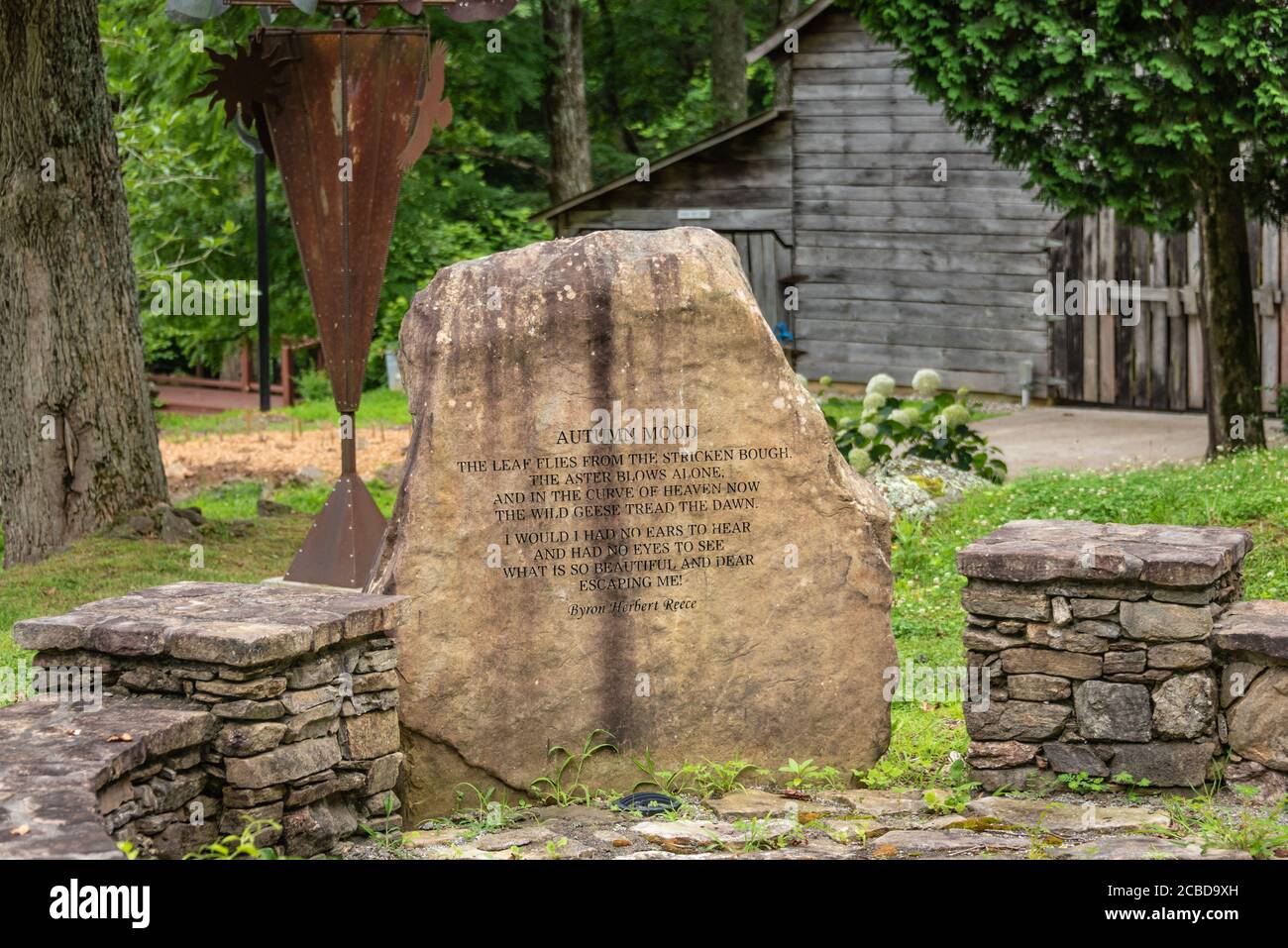 Engraved stone with poem in the Poetry Trail Garden at the Byron Herbert Reece Farm and Heritage Center in Blairsville, Georgia. (USA) Stock Photo