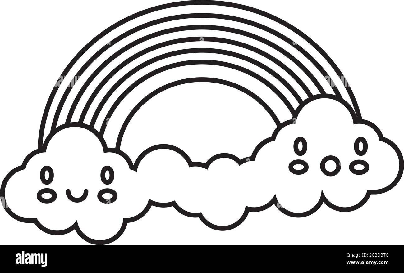 cute rainbow with clouds kawaii characters weather line style icon ...