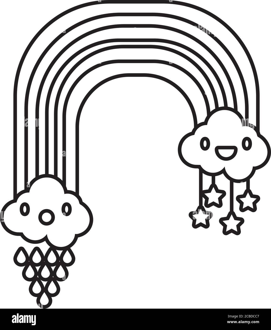 cute rainbow with clouds kawaii characters and drops rain line style ...