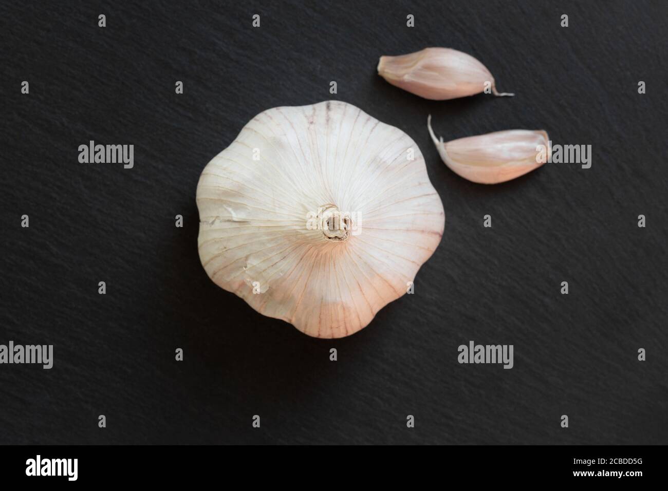 Garlic on a textured dark stone background. Superfood concept Stock Photo